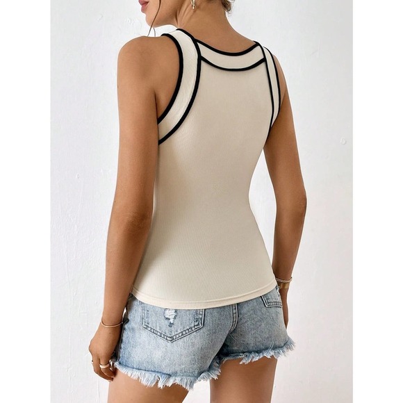 y2k minimalist high neck Contrast Binding Tank Top black white - Picture 6 of 11
